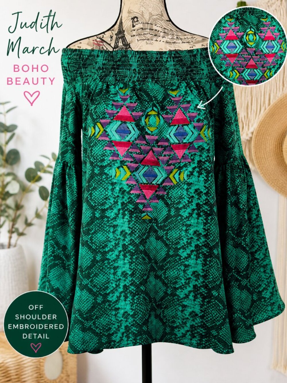 Judith March Green Off-Shoulder Embroidered Tunic - Picture 2 of 11